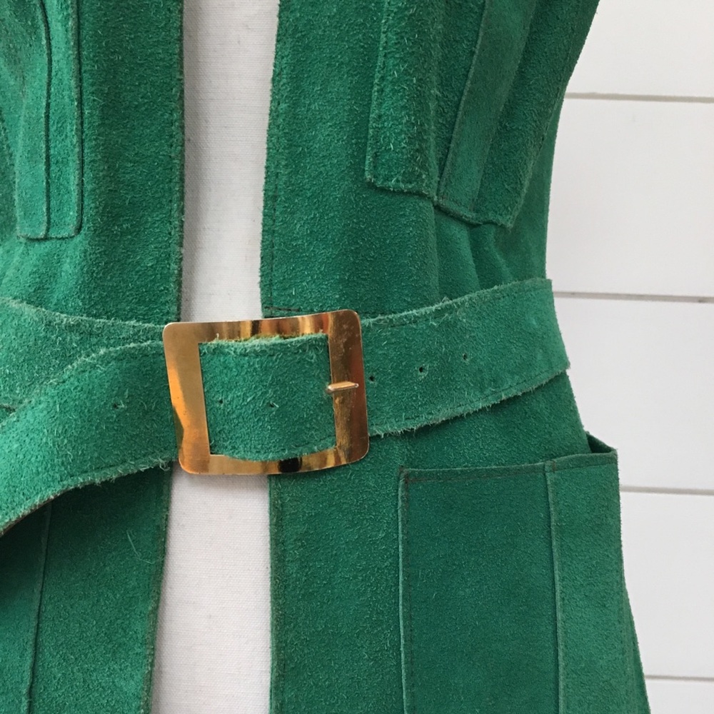 SOLD :: Vintage 60s Green Suede Belted Vest - Picture 2 of 8